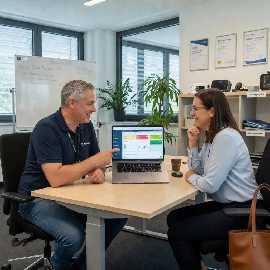 Gespräch zwischen IT-Berater und Kundin am Besprechungstisch